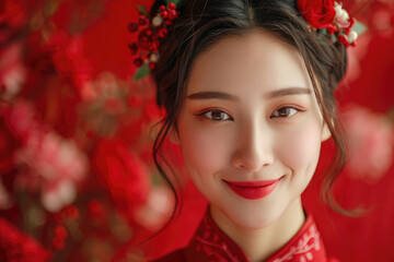 Naklejka premium A young Chinese woman, close-up photo of her head with a red background