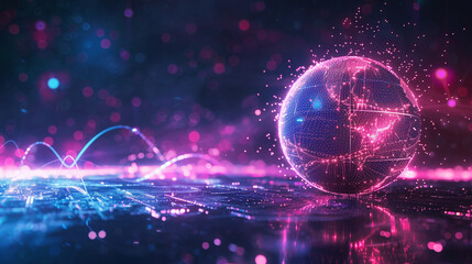 Neon globe sphere shiny stardust light. 3D world light illustration