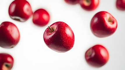 Falling red apples captured in mid-air isolated on a white background