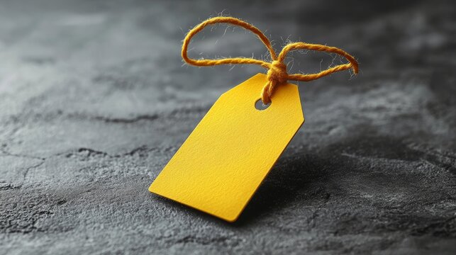 Yellow price tag with string on dark textured surface