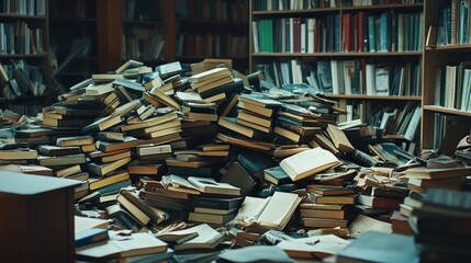 Obraz premium A large pile of old books spills from overflowing bookshelves in a library.