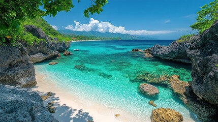 Fototapeta premium Serene tropical beach with clear turquoise waters and rocky formations.