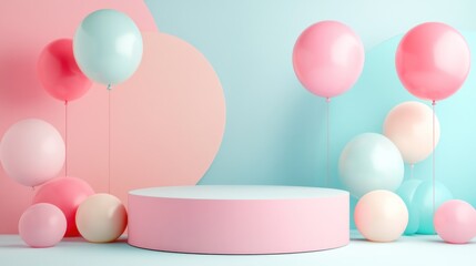 Pink and blue pastel balloons with pink podium on a blue and pink background.