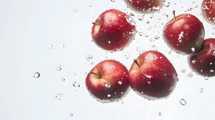Fresh apples caught in freefall against a clean white backdrop