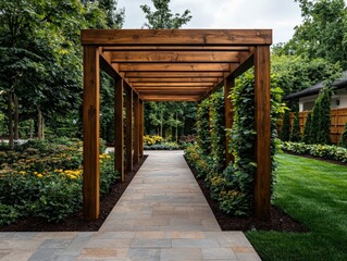Wooden Pergola Pathway Through Lush Garden A Low Angle View of a Stone Pathway Framed by a Brown Pergola and Greenery