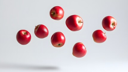 Dynamic shot of apples mid-fall isolated on a crisp white background