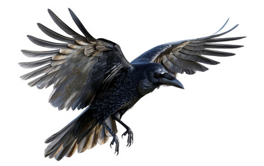 Obraz premium A majestic black raven soaring through the sky, showcasing its powerful wings and striking feathers in a dramatic flight cut out isolated transparent PNG