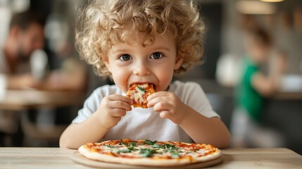 A Little Chef Closeup of a child with curly blonde hair biting into a cheesy pizza slice
