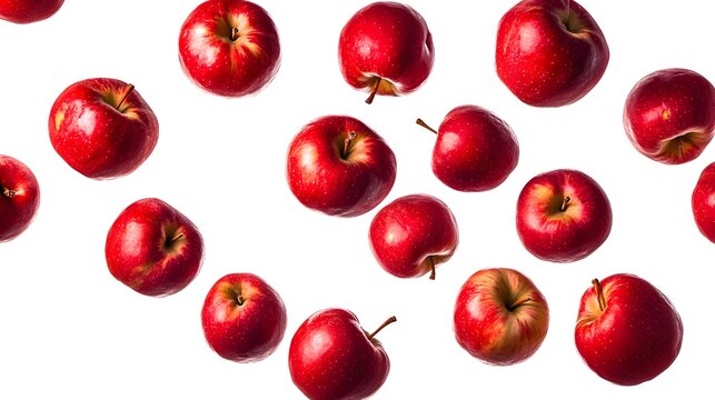 Bright red apples falling gracefully isolated on a white background