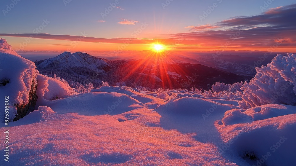 Poster sunrise over snowy mountain peaks