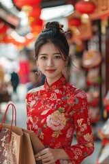 Obraz premium In the evening, Chinese New Year, young women on the streets