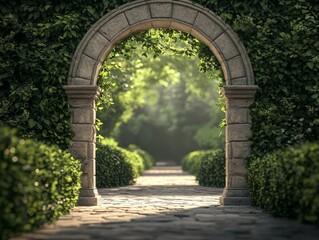 Stone Archway Leading to Sunlit Path Low Angle Perspective Lush Greenery Cobblestones Enchanting Entrance
