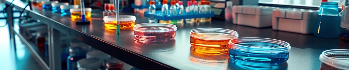 Biology lab with petri dishes and lab equipment, organized setup, wide angle