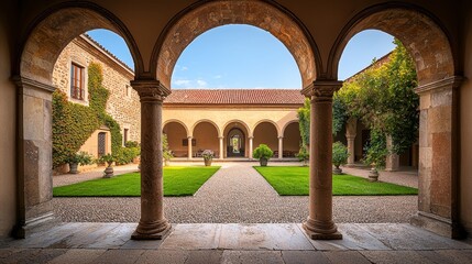 Fototapeta premium Stone Archway Framing a Serene Courtyard with Cobblestones Lush Greenery and a Glimpse of Blue Sky