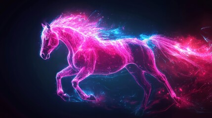 A glowing pink horse with streaks of blue light, running against a dark background.