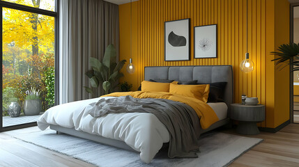 Modern bedroom with yellow wall, large bed, and white rug.