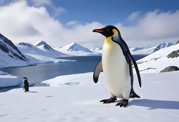 Fototapeta premium The penguins stands in front of a mountain