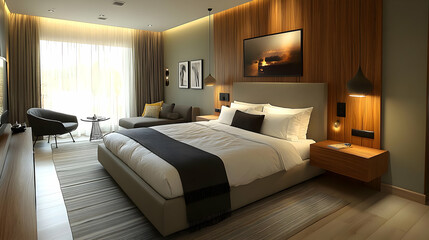 Modern hotel room with a king-size bed, nightstands, a couch, a chair, and a large window with curtains.