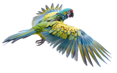 A vibrant parrot in mid-flight displays its stunning blue and yellow feathers cut out isolated transparent PNG