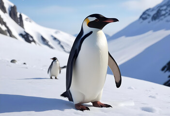 The penguins stands in front of a mountain