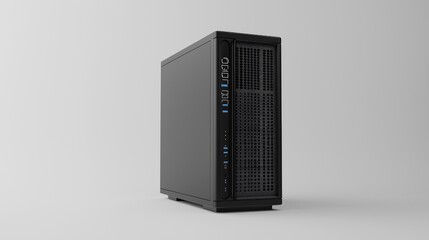 A generative AI-generated 3D render of a desktop computer tower featuring ports and vents on a solitary white background