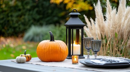 Elegant outdoor fall dining table with pumpkins and candles. Warm autumn setting for a festive celebration.