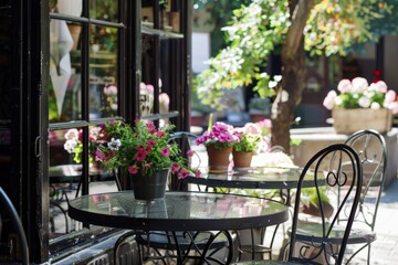 Charming summer terrace cafe featuring glass tables, metal chairs, and vibrant flower pots by the window for a delightful outdoor dining experience