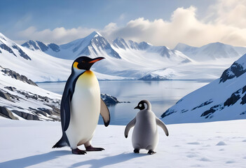 Obraz premium The penguins stands in front of a mountain