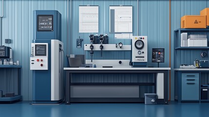 Testing equipment in a flat design, side view, set in a laboratory environment with an animation style, featuring a split-complementary color scheme for enhanced visual impact.