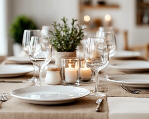 Fototapeta premium Lowangle closeup of a minimalist table setting with white plates glasses and candles on a burlap runner
