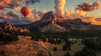 Fototapeta premium Hot Air Balloon Soaring Over Dramatic Mountain Landscape at Sunset 