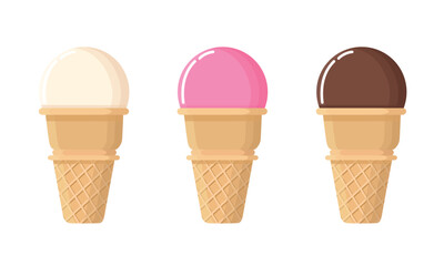Set of ice cream cones with various flavors. Ice cream in vanilla, strawberry, and chocolate flavors. Cartoon vector illustration icons.
