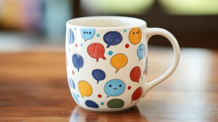Coffee mug with hand drawn speech bubbles close up
