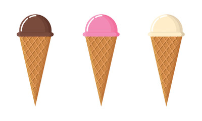 Set of ice cream cones with various flavors. Ice cream in chocolate, strawberry, and vanilla flavors.