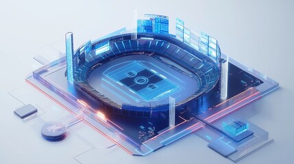 3D Render of a Smart Sports Arena using Generative AI, isolated on a white background with real-time analytics and connectivity