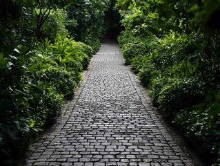 Obraz premium Cobblestone Path Through Lush Green Foliage A mysterious and inviting pathway lined with vibrant greenery beckoning the viewer forward