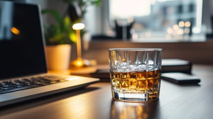 Drinking alcohol at work or office. Vodka is poured in a glass. Defocused keyboard and desk showing vision problems and drowsiness. Concept for how to deal with an employee drinking or booze at work.