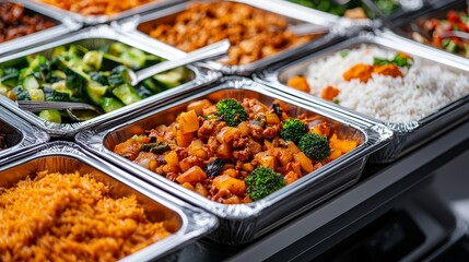 Closeup of Colorful Dishes in Aluminum Trays A Feast for the Eyes