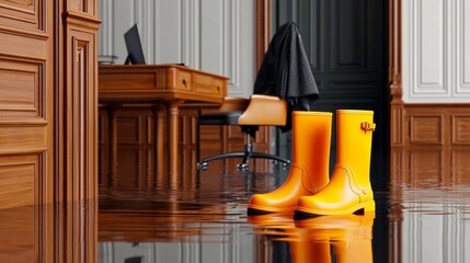 Flooded courtroom interior with yellow rain boots placed near wooden benches
