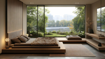 Modern minimalist bedroom with a large window overlooking a lake and city skyline.