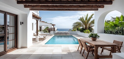 Fototapeta premium Mediterranean Villa Patio LowAngle View of a Pool Wooden Beams and Chairs with a Sea View Through an Archway