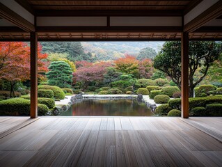 Zen Garden View A Glimpse Through Wood and Stone with a Pond Reflecting Autumn Hues