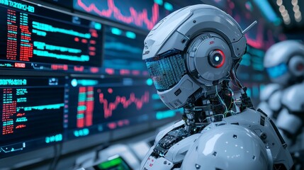 Fototapeta premium Humanoid robot monitoring data on a futuristic screen with red graphs. Artificial intelligence analyzing complex information in a high-tech environment.