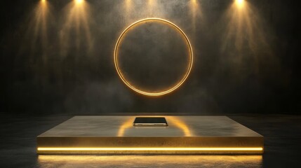 A smartphone on a golden platform with a glowing circle in the background.