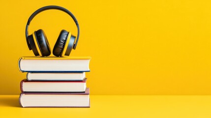 Black headphones on a stack of books against a yellow background.