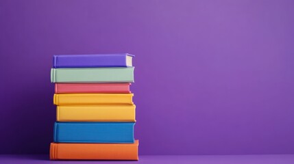 Colorful books stacked on a purple surface.