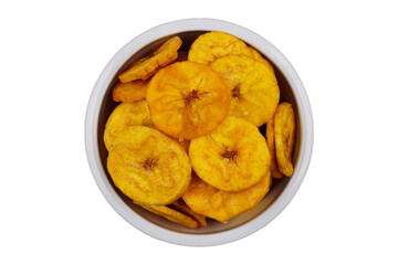 Banana chips in white bowl isolated transparent