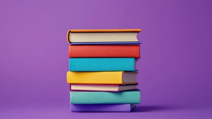 Colorful Stack of Books on Purple Background.