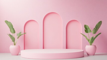 Pink platform podium with tropical plants on pink background.