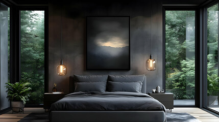 Modern minimalist bedroom with large windows, gray walls, and a gray bed with a mountain landscape painting on the wall.